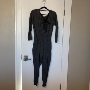 Grey jumpsuit sweatshirt material with bow detail